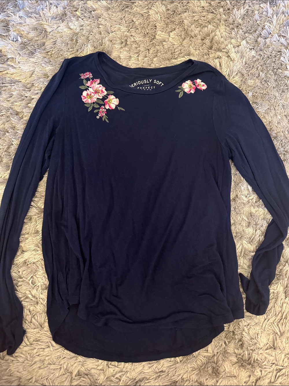 American Eagle Outfitters Navy Long-Sleeve Top with Pink Floral Embroidery